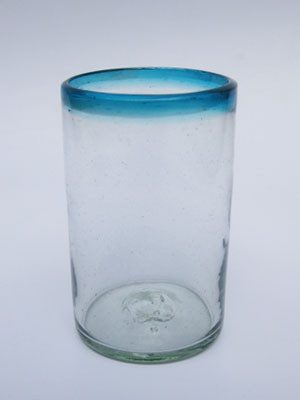 Novedades / Juego de 6 vasos grandes con borde azul aqua / Éstos vasos le darán un bello toque a cualquier mesa, con su decorado en azul aqua.